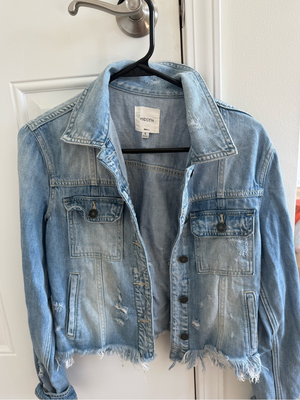 Hidden Light Blue Distressed Denim Jacket with Frayed Hem